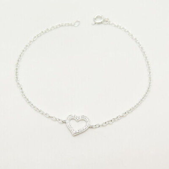 925 Sterling Silver Pave C Z Open Heart Charm Cable Link Bracelet 8" - Picture 5 of 6